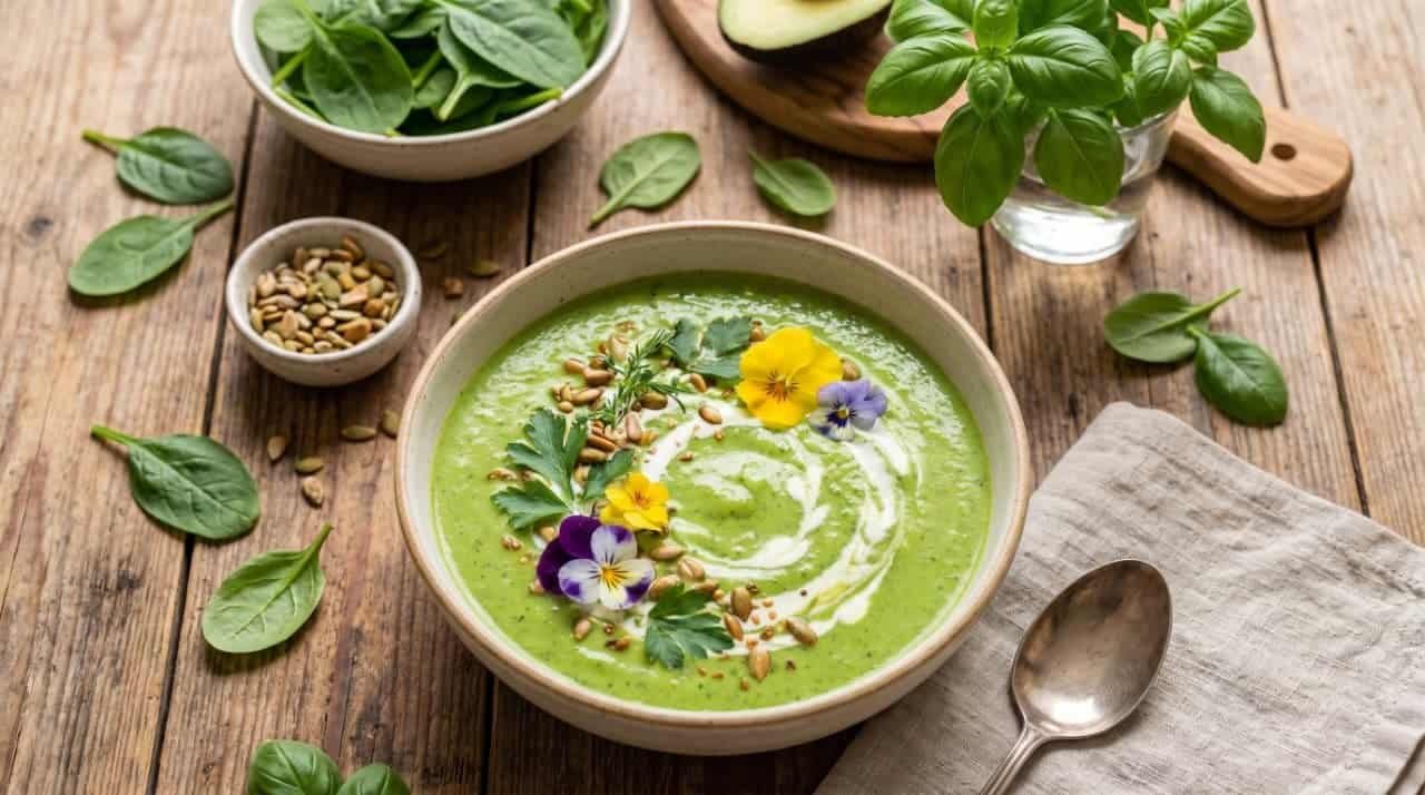 Green Goddess Soup with Spinach, Fresh Herbs and Lemon